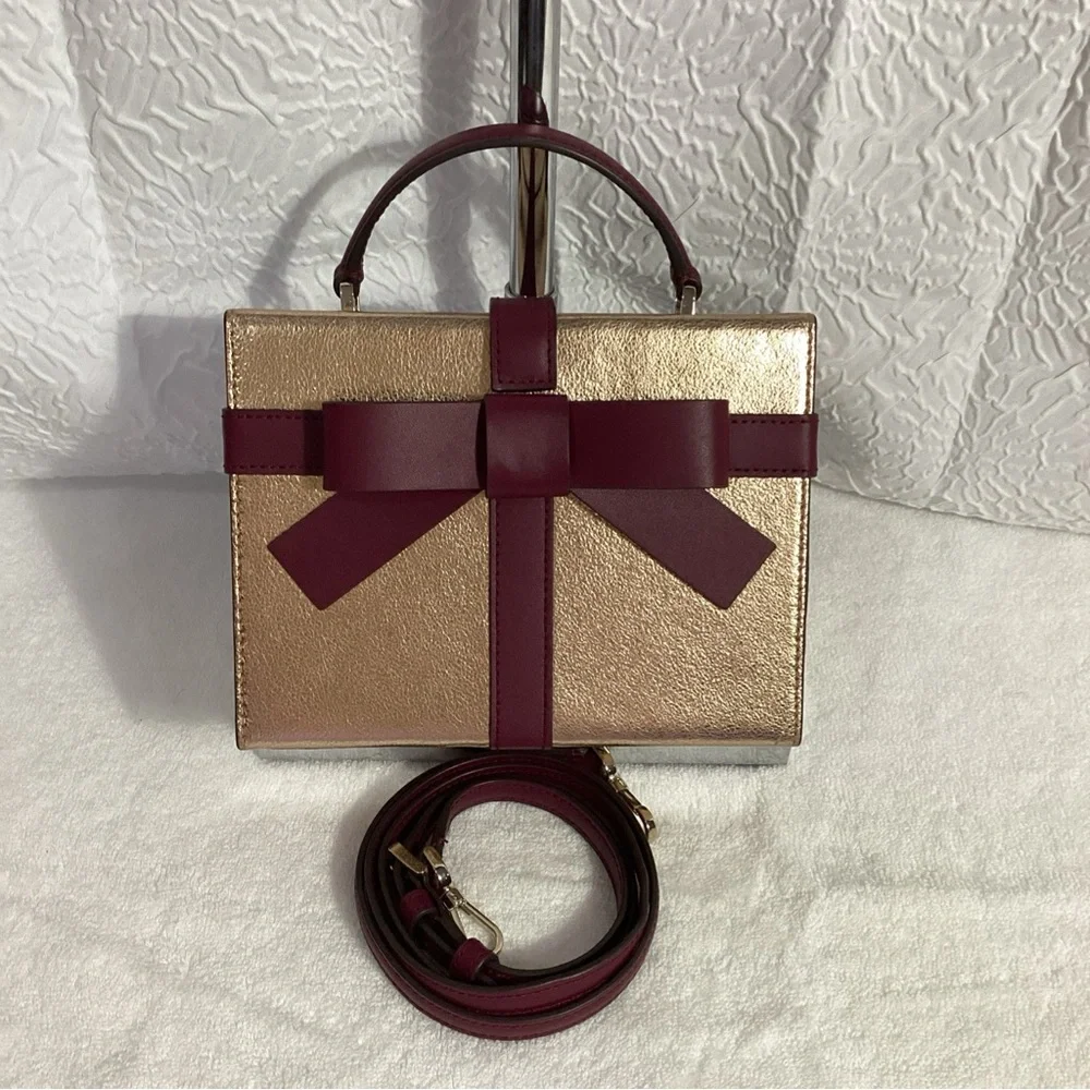 Kate Spade Wrapping Party Rose Gold Gift Box Bow Leather Novelty Bag
